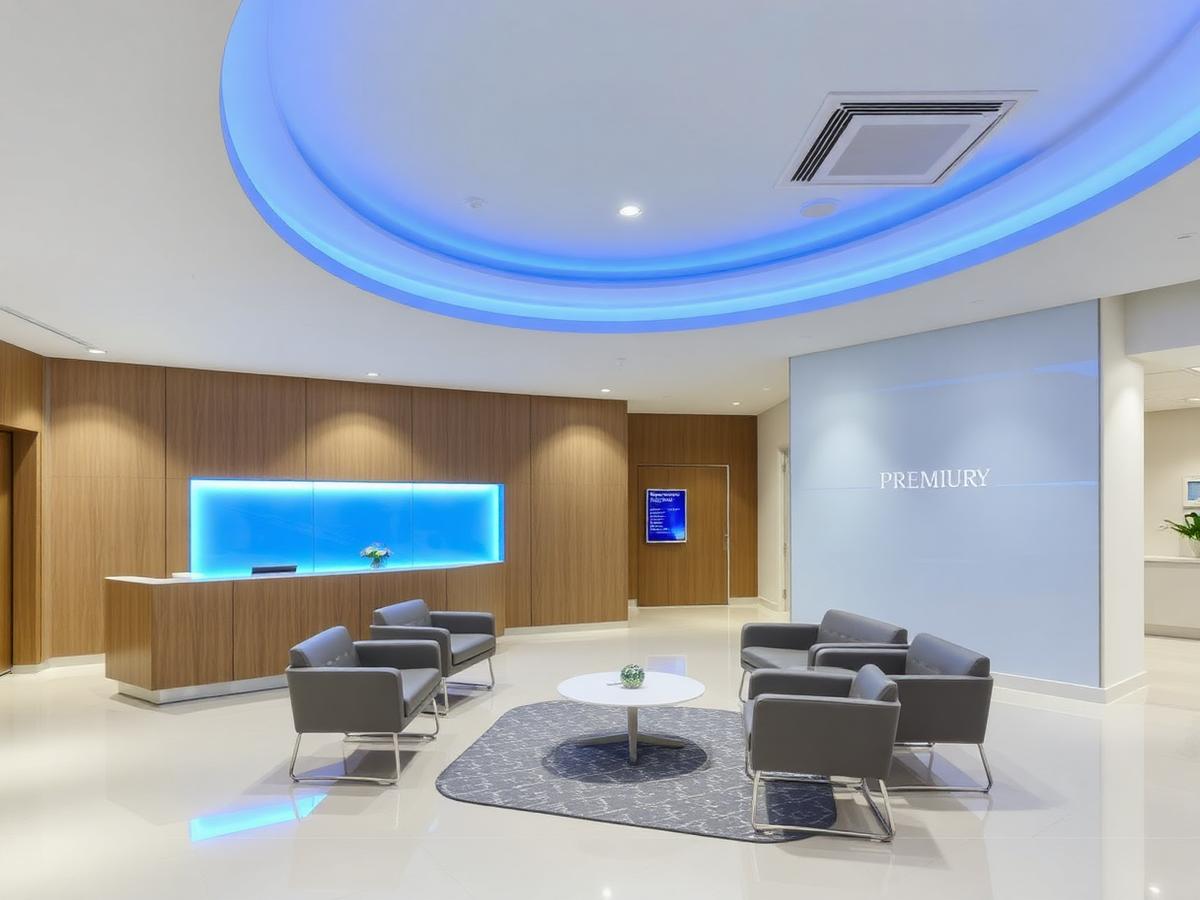 Modern aesthetic clinic reception area with blue accent lighting