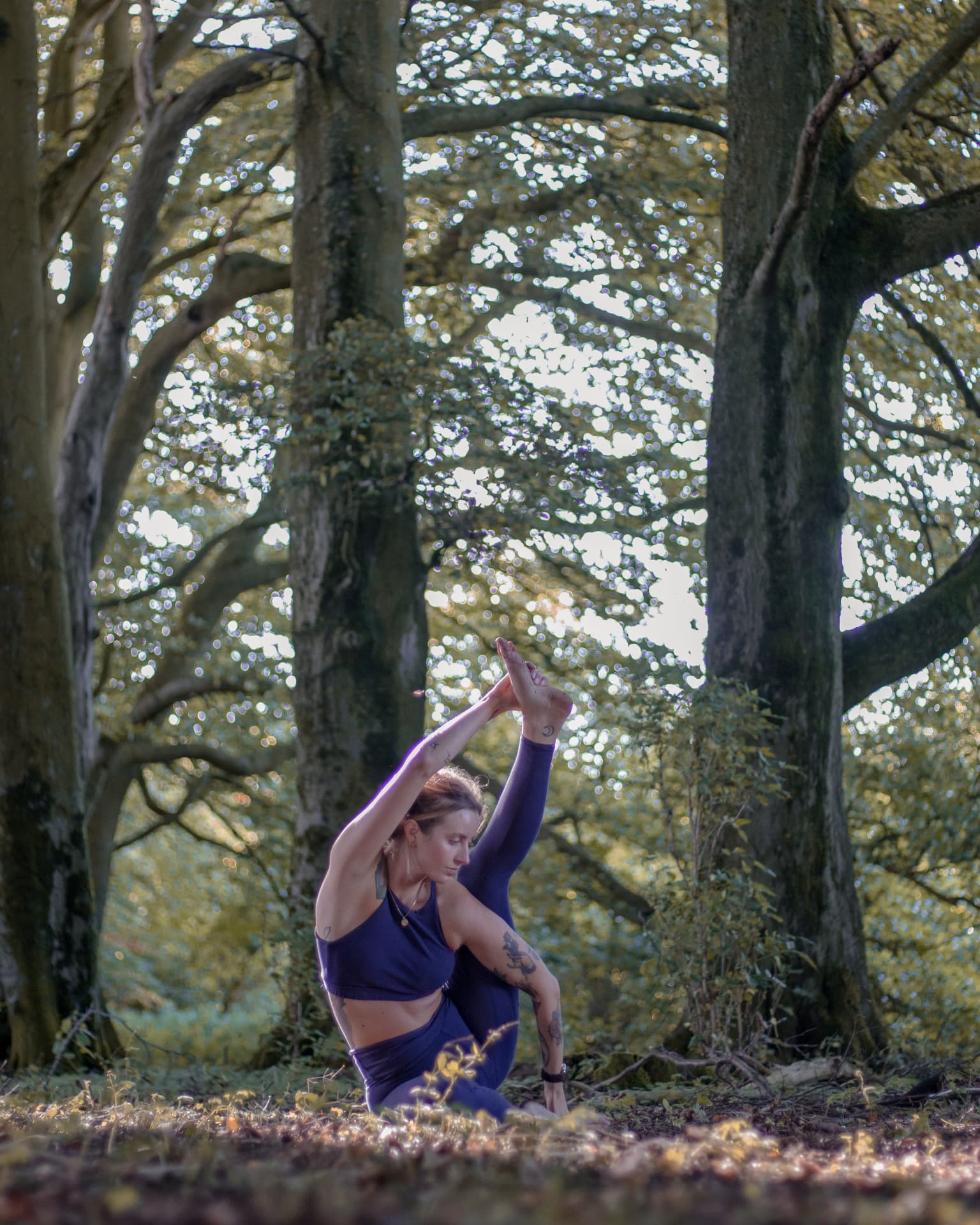 Mermaid pose among tall beech trees